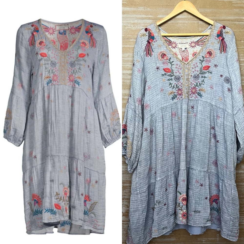 Johnny Was Pale Gray Embroidered V-Neck Midi Dress with Pink & Coral Accents